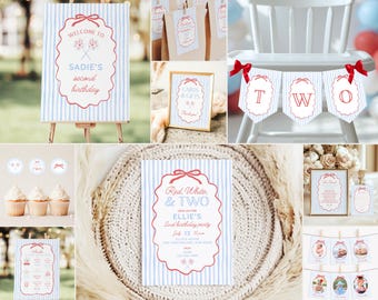 Puede incluir: Decoraciones de fiesta en rojo, blanco y azul, incluyendo un cartel que dice "Sadie's second birthday", una guirnalda con "TWO" e invitaciones. Los diseños presentan un patrón de rayas, adecuado para una celebración de segundo cumpleaños.