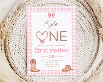 Pink First Rodeo Birthday Invitation, First Rodeo Theme Invitation for Girl First Birthday, Coquette Cowgirl 1st Birthday Girl Invite Party