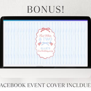 May include: A computer monitor displaying a digital graphic with a light blue vertical striped background. The central design features a scalloped frame with the text Red, White, & TWO, Ellie's 2nd birthday party, and two small American flags.
