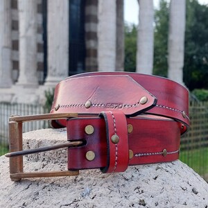 Spotted Red Belt - Hand stitching - Rivets - Made in Italy - Handmade buckle - Unique belt - Unisex - Made to order