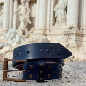 Unisex belt - Hand colored - Light blue color - Solid brass buckle - Made in Italy - Entirely handcrafted