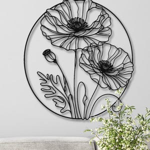 Poppy Flowers Metal Wall Decor, Floral Art Sculpture, Modern Minimalist Home Decor, Botanical Design Gift, Indoor Outdoor Garden Accent