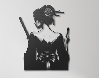 Geisha Metal Wall Art, Geisha with Katana Decor, Geisha Room Decor, Bedroom Wall Decor, Japanese Art, Japanese Gift, Samurai Geisha Decor