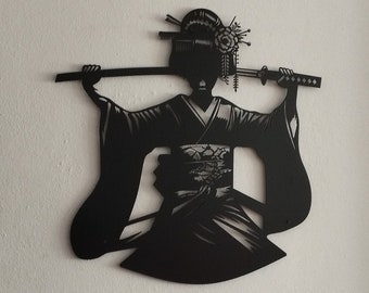 Geisha Metallwandkunst, Geisha mit Katana, Geishazimmer Dekor, Schlafzimmer Wanddekor, japanische Wandkunst, japanisches Geschenk, japanisches Zimmerzeichen