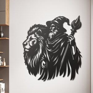 Wizard with Lion Metal Wall Art, Fantasy Art, Wizard Wall Decor