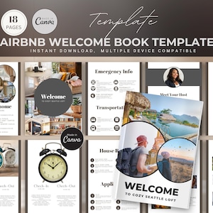 Mall för Airbnb-välkomstbok, guidebok för semesterbostäder, gästinformationspärm, redigerbar värdguide