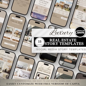 May include: A collection of fifteen digital real estate social media story templates displayed on smartphone screens. The templates feature a neutral beige color palette, text overlays, and placeholders for property images, all editable in Canva.