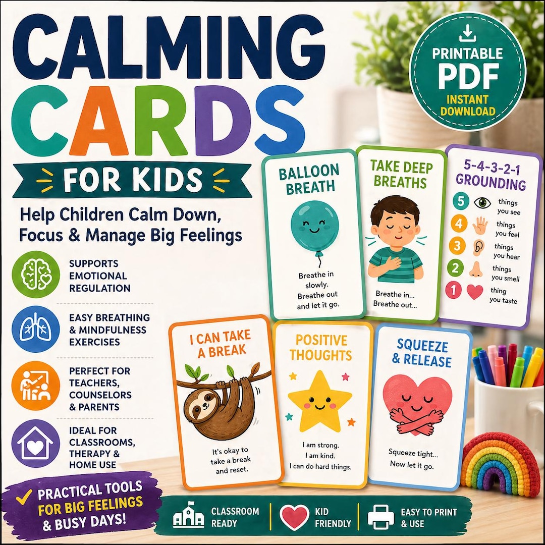 Calm Corner Printables, Classroom Calm Down Cards, Breathing Cards for ...