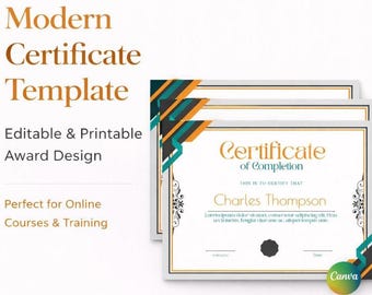 Certificate of Completion Template | Editable Canva Certificate | Professional Course Certificate | Printable Award | Instant Download