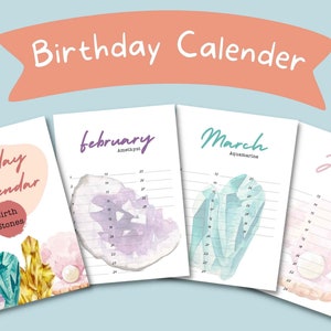 Op de afbeelding: Printbare verjaardagskalender met geboortesteen voor elke maand. De getoonde maanden zijn februari, maart en juni. De geboortesteen zijn amethist, aquamarijn en parel.