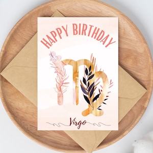 Plantilla de tarjeta de cumpleaños editable, Descarga digital, Tarjeta imprimible de cumpleaños, Zodíaco, Virgo, Signo estelar.