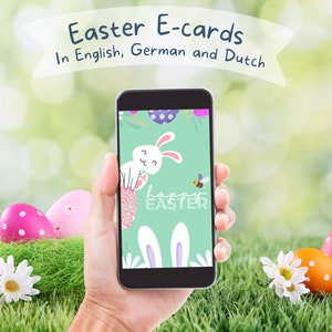 Animierte E-Card „Frohe Ostern“ | Auf Englisch, Deutsch und Niederländisch | Frohe Ostern | Frohe Ostern | Grußkarte | Digitaler Download | Hase