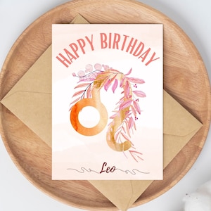 Modèle de carte d'anniversaire modifiable, téléchargement numérique, carte imprimable d'anniversaire, zodiaque, Lion, signe astrologique.