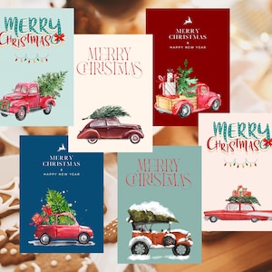 Conjunto de 6 modelos de cartão de Natal editáveis | Download Digital | Cartão imprimível de Natal | Feliz Natal | Carros antigos