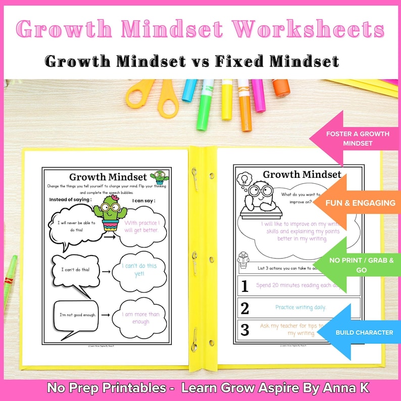 Printable Growth Mindset Worksheets For Kids in a folder.