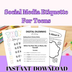 Teen Therapy Worksheets, Social Psychology, Cyberbullying, Social Media Etiquette, Self-Esteem Activities For Teens, Social Media Safety