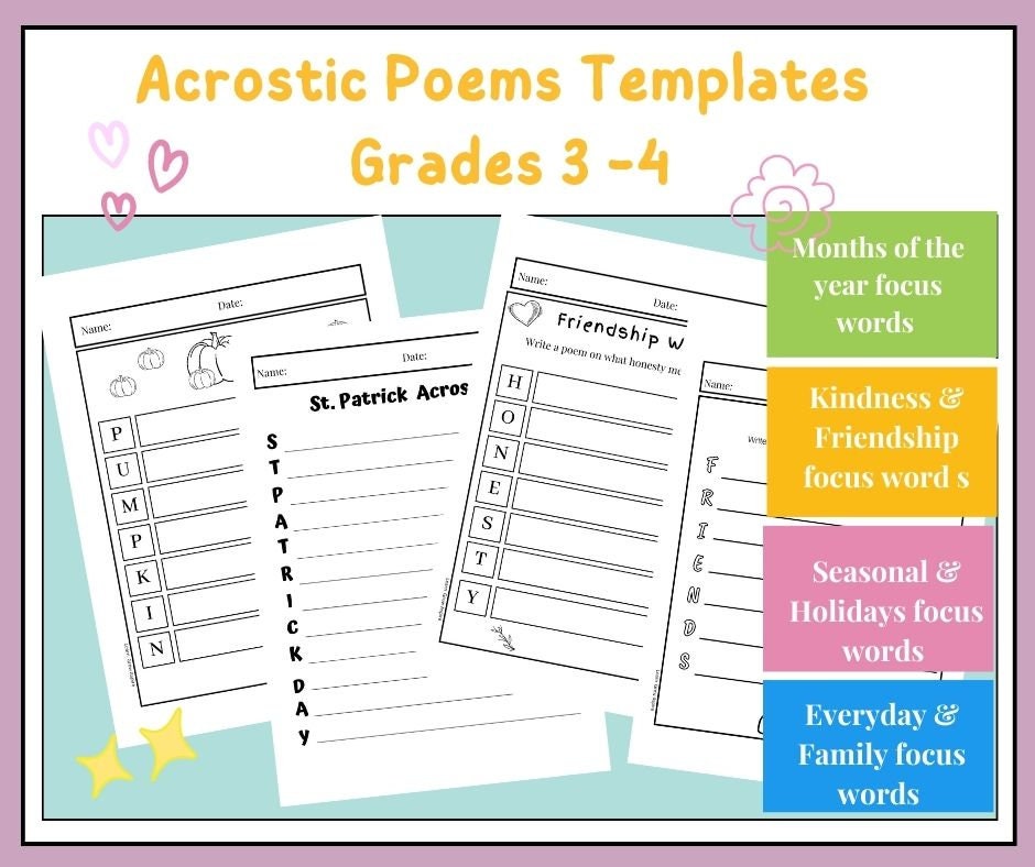 Acrostic Poems Template Printable Acrostic Poem Templates - Etsy