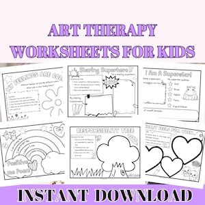 Op de afbeelding: Een verzameling zwart-wit werkbladen voor kunsttherapie voor kinderen. De werkbladen bevatten prompts voor zelfreflectie, zoals het identificeren van gevoelens, het delen van superkrachten en het onderzoeken van verantwoordelijkheden.