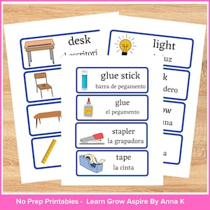 Classroom supplies printable labels in Spanish and English.