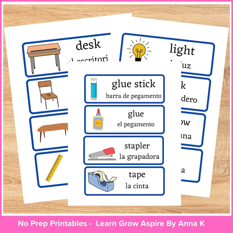 Classroom supplies printable labels in Spanish and English.