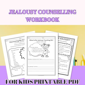 Puede incluir: Un libro de ejercicios sobre los celos para niños en formato PDF imprimible con tres páginas blancas, texto negro e ilustraciones de líneas. La página central se titula What Is My Jealousy Teaching Me e incluye un dibujo de un niño.