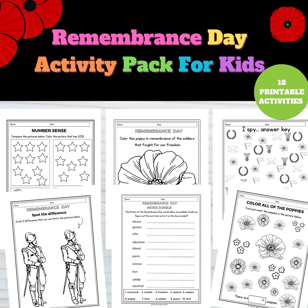 Remembrance Day Activity Pack for Kids, Kids Remembrance Day Activities