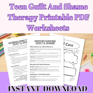 以下が含まれることがあります： 「Teen Guilt And Shame」と題された、印刷可能なセラピーワークシートのコレクション。ワークシートは、罪悪感と恥の理解、これらの感情の生物学的および社会的な理由、健康的な罪悪感と不健康な罪悪感などのトピックをカバーしています。「インスタントダウンロード」というフレーズが一番下にあります。