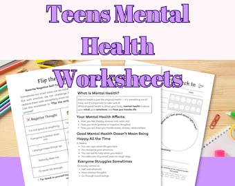 May include: A stack of three worksheets with the text "Teens Mental Health Worksheets" in purple. The worksheets cover topics like negative thoughts, mental health, and self-care. The words "Instant Download" are at the bottom.