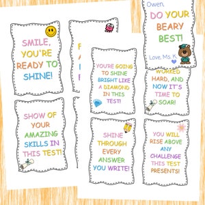 Printable cards that teachers or parents can use on state testing or standardized testing days to empower and motivate kids to do their best. This resource also includes empowering coloring pages Perfect gift for students to testing day morning.