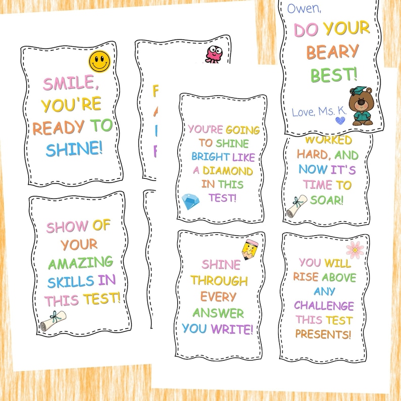 Printable cards that teachers or parents can use on state testing or standardized testing days to empower and motivate kids to do their best. This resource also includes empowering coloring pages Perfect gift for students to testing day morning.