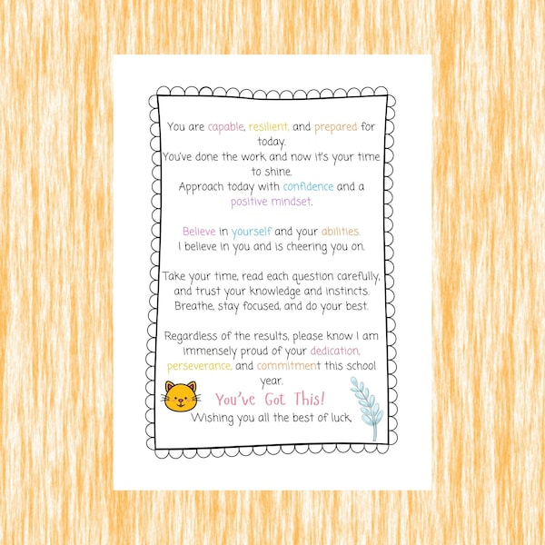 State Testing Encouragement letter, Student Motivation Note On Test Day, State Testing Encouragement Tag From Teacher To Student Printables