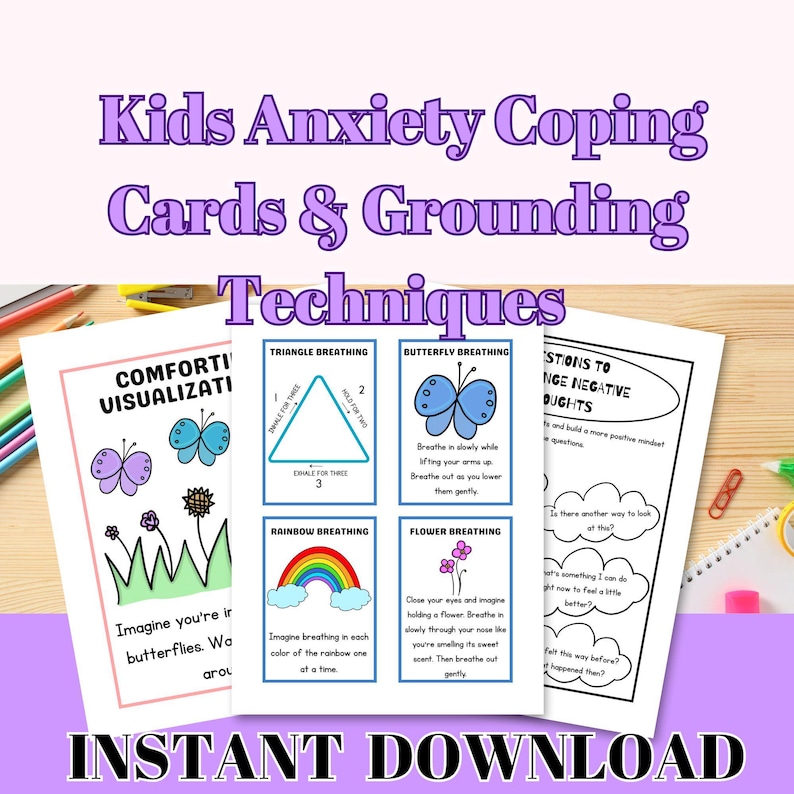 A set of printable anxiety coping cards and grounding techniques for kids to cope with anxieties and build emotional intelligence. These anxiety cards are perfect for kids at home and in the classroom.