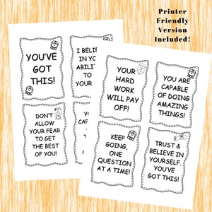 Printable cards that teachers or parents can use on state testing or standardized testing days to empower and motivate kids to do their best. This resource also includes empowering coloring pages Perfect gift for students to testing day morning.