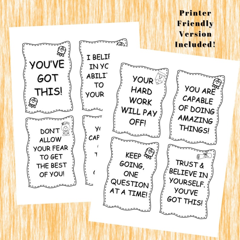 Printable cards that teachers or parents can use on state testing or standardized testing days to empower and motivate kids to do their best. This resource also includes empowering coloring pages Perfect gift for students to testing day morning.