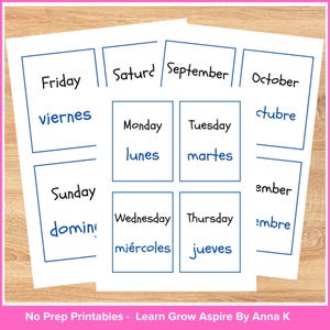 Days of the week in Spanish and English printable classroom labels.