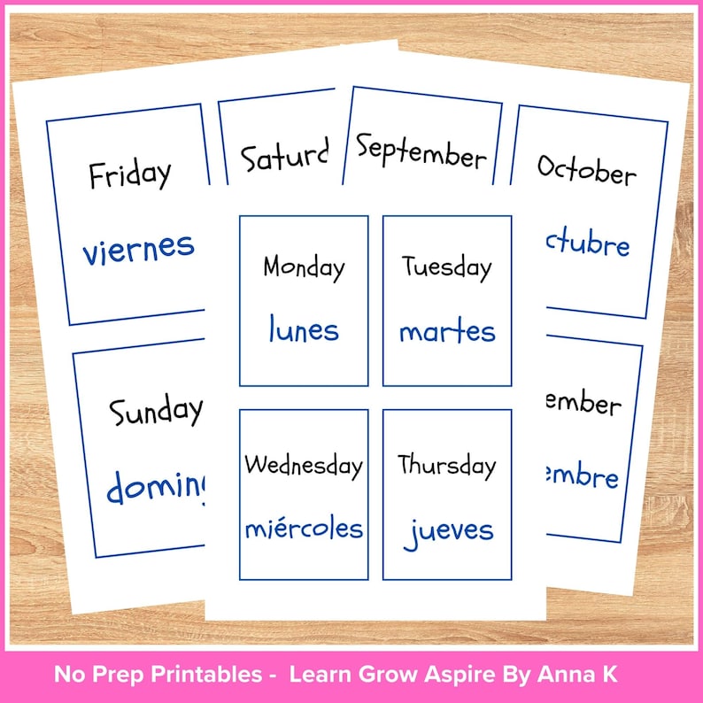 Days of the week in Spanish and English printable classroom labels.