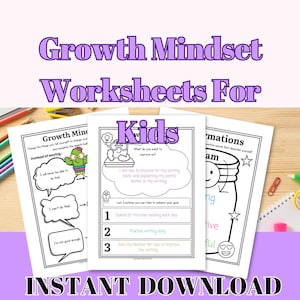 Puede incluir: Tres hojas de trabajo imprimibles para ayudar a los niños a desarrollar una mentalidad de crecimiento. Las hojas de trabajo presentan un cactus, un monstruo y un frasco. Las hojas de trabajo incluyen indicaciones como "¿Qué quieres mejorar?" y "Haz una lista de 3 acciones que puedes tomar para lograr tu objetivo."