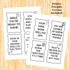 Printable cards that teachers or parents can use on state testing or standardized testing days to empower and motivate kids to do their best. This resource also includes empowering coloring pages Perfect gift for students to testing day morning.