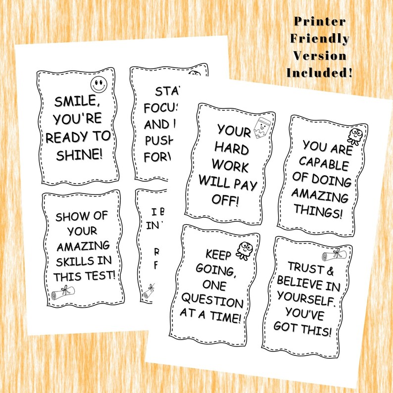 Printable cards that teachers or parents can use on state testing or standardized testing days to empower and motivate kids to do their best. This resource also includes empowering coloring pages Perfect gift for students to testing day morning.