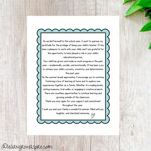 Carta de agradecimiento de un maestro a los padres, carta de fin de año escolar para maestros y padres, carta de despedida para los padres, nota imprimible para maestros y padres.