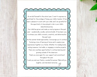 End of Year Teacher Thank You Letter to Parents (Printable)