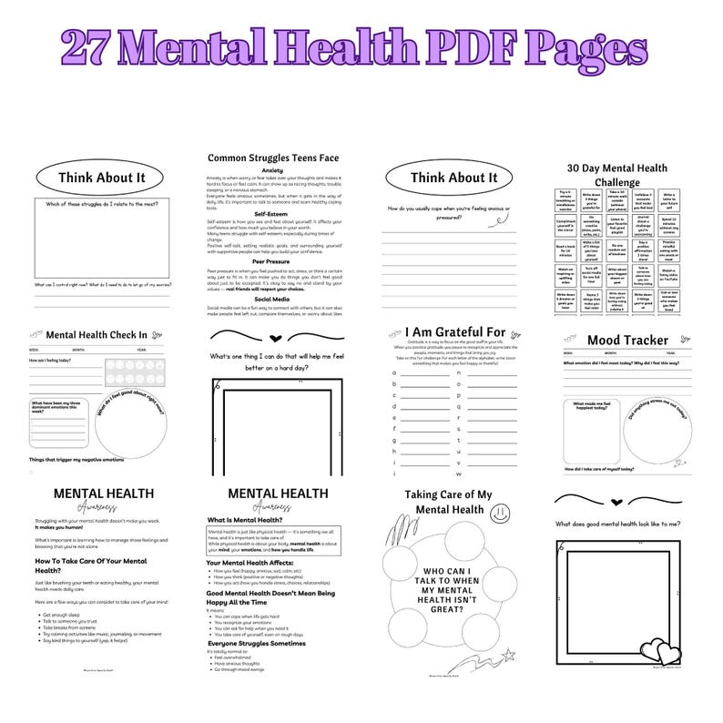 Printable mental health pdf worksheets and activities for teenagers. Worksheets to help teenage cope with anxieties and mental health. These mental health worksheets are great for counselors, therapist, parents.