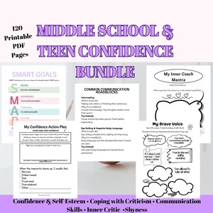 Op de afbeelding: Een bundel van 120 afdrukbare PDF-pagina's gericht op zelfvertrouwen voor middelbare scholieren en tieners. De pagina's behandelen onderwerpen als slimme doelen, communicatieblokkades en zelfrespect. De bundel bevat werkbladen en oefeningen.