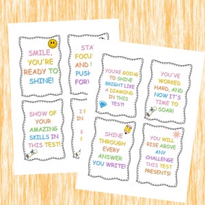 Printable cards that teachers or parents can use on state testing or standardized testing days to empower and motivate kids to do their best. This resource also includes empowering coloring pages Perfect gift for students to testing day morning.