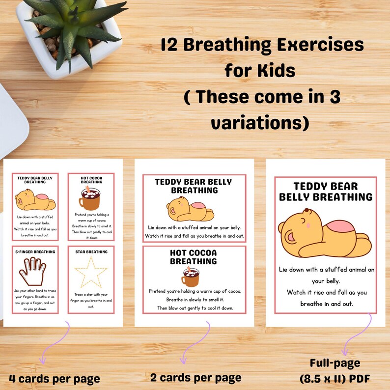 12 breathing exercises to help kids cope with anxities. Anxieties cards for kids.