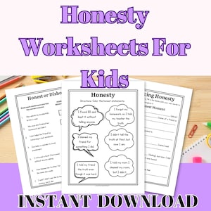 May include: Three worksheets for kids with the title "Honesty Worksheets For Kids" in purple text. The worksheets include fill-in-the-blank and multiple-choice questions about honesty. The words "Instant Download" are at the bottom.