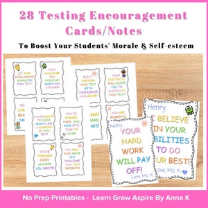 Printable cards that teachers or parents can use on state testing or standardized testing days to empower and motivate kids to do their best. This resource also includes empowering coloring pages Perfect gift for students to testing day morning.