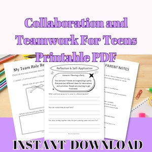 Puede incluir: Hojas de trabajo en PDF imprimibles para adolescentes que se centran en la colaboración y el trabajo en equipo. Las hojas de trabajo incluyen actividades como la reflexión sobre el rol del equipo y la planificación de escenarios. También se incluye el texto "Descarga instantánea".