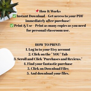 May include: A wooden background with text explaining how to download and print a PDF file from Etsy. The text includes instructions on how to access the PDF immediately after purchase and print copies for personal or classroom use.