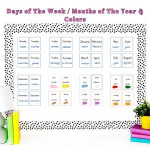 Printable Spanish to English Classroom Labels. Days of the week, months of the year, and colors in English and Spanish Labels for classroom.